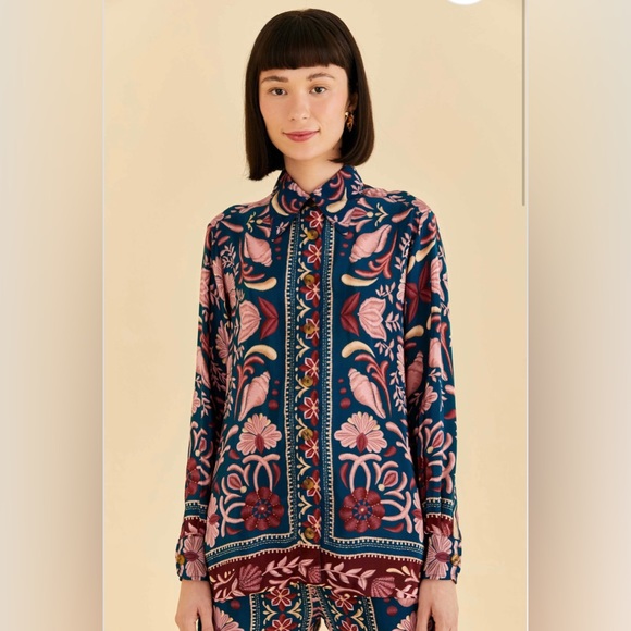 Farm Rio Teal Seashell Tapestry Shirt - Picture 1 of 8